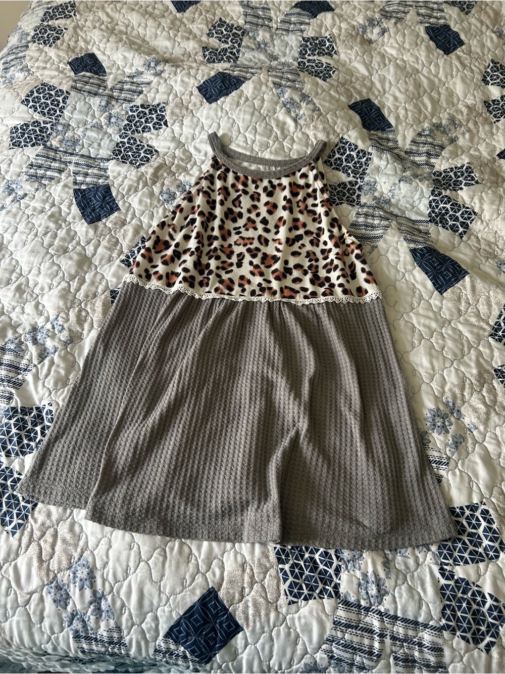 Women's Grey Waffle Knit Dress with Leopard Print Bodice